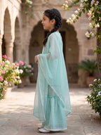 Kinder Kids Sky Embroidered Kurti With Sky Sharara and Dupatta