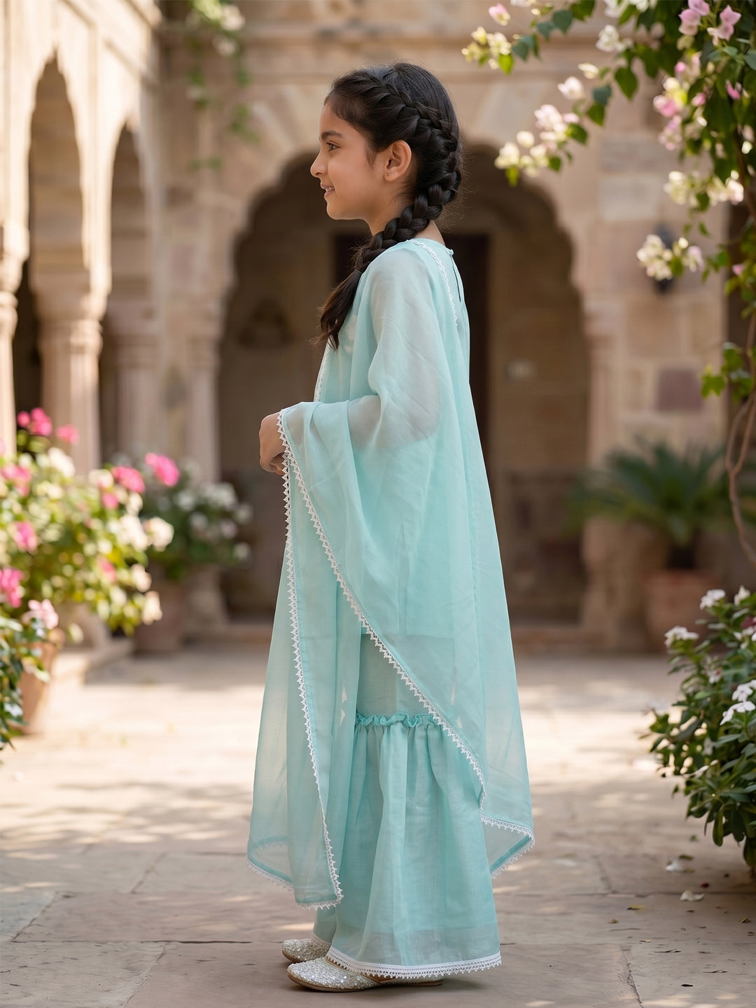Kinder Kids Sky Embroidered Kurti With Sky Sharara and Dupatta