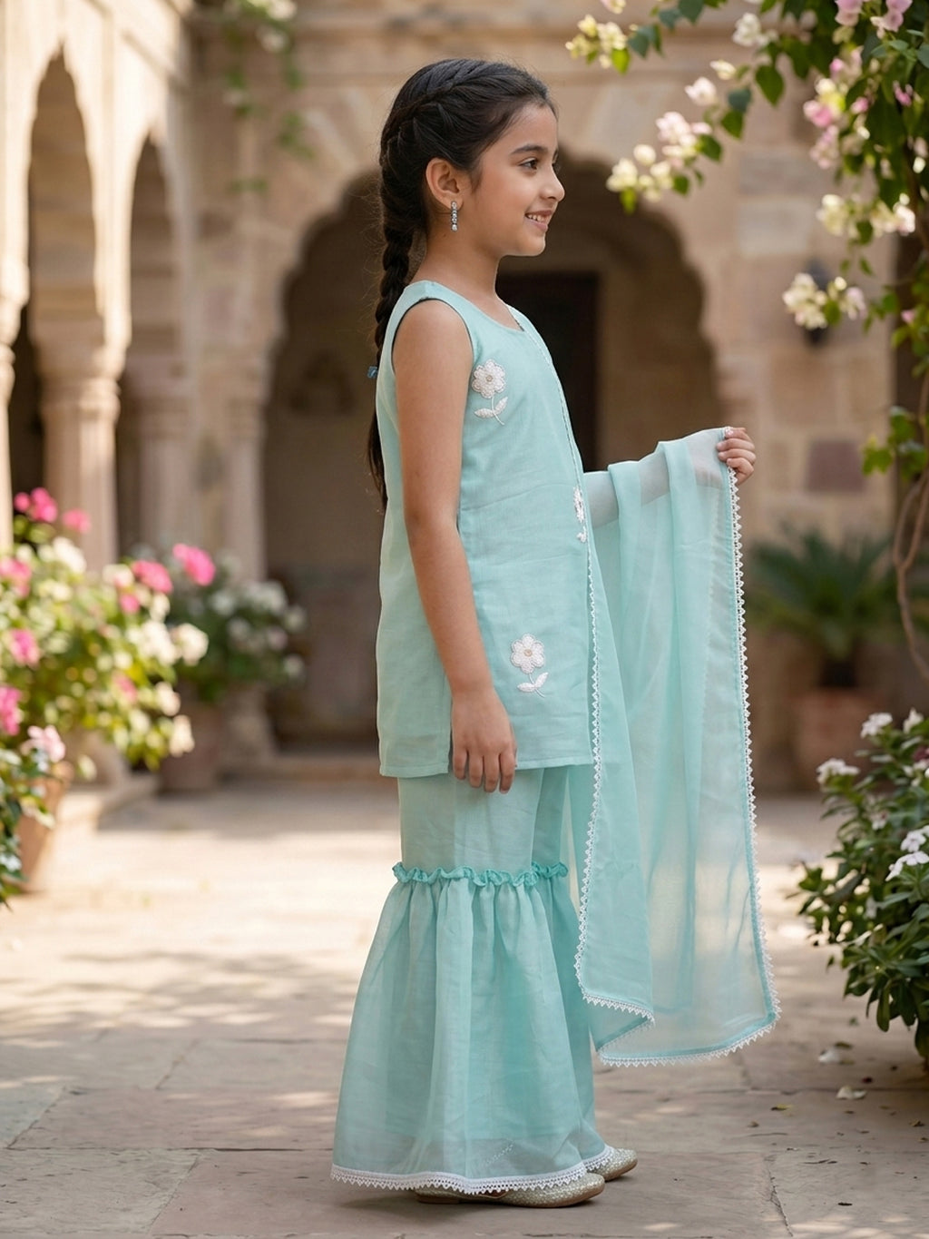 Kinder Kids Sky Embroidered Kurti With Sky Sharara and Dupatta