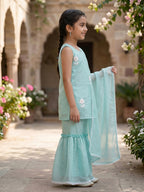 Kinder Kids Sky Embroidered Kurti With Sky Sharara and Dupatta