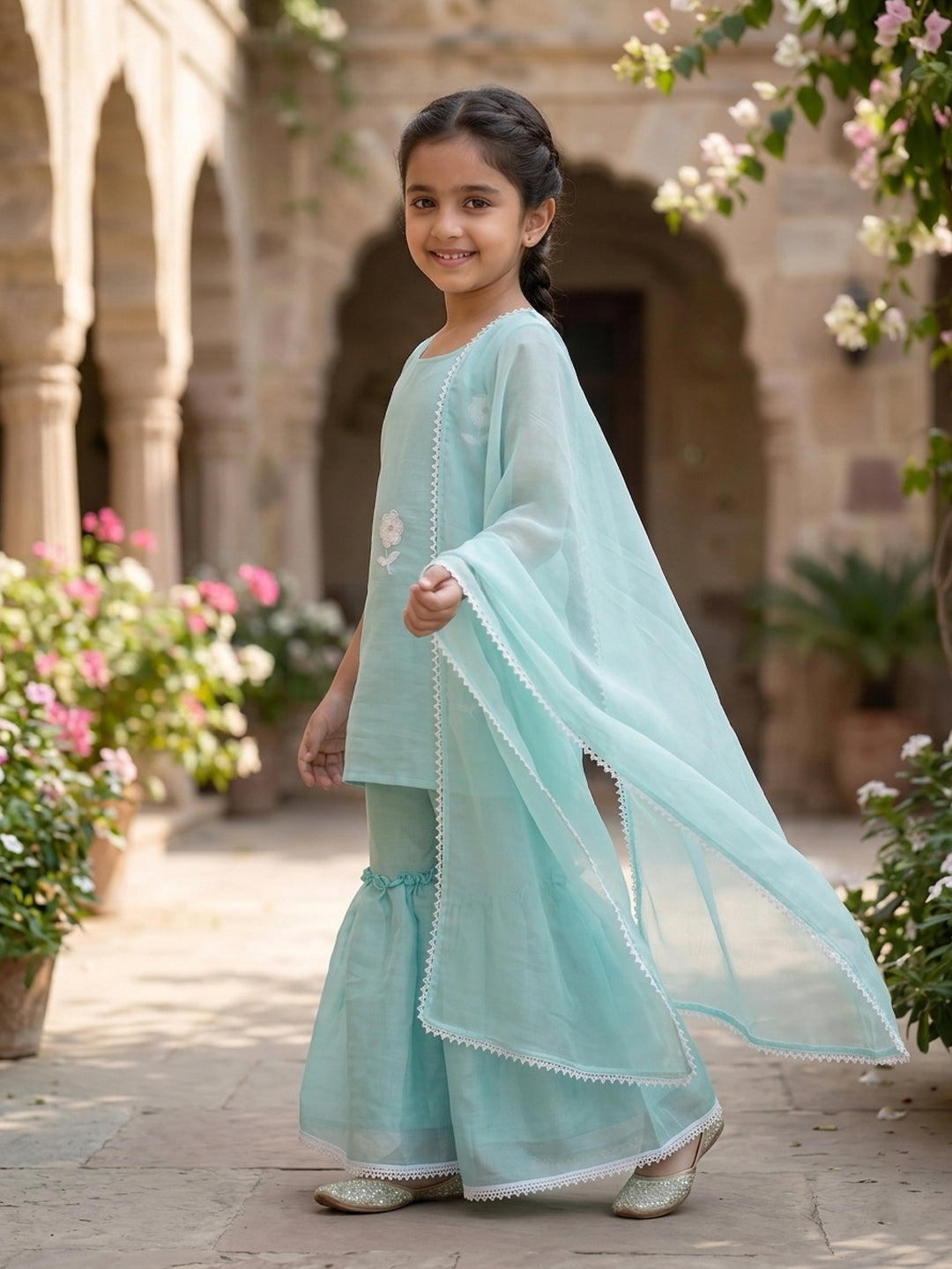 Kinder Kids Sky Embroidered Kurti With Sky Sharara and Dupatta