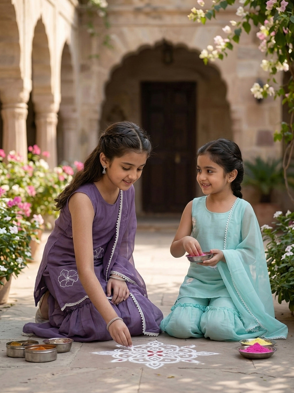 Kinder Kids Sky Embroidered Kurti With Sky Sharara and Dupatta