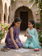 Kinder Kids Sky Embroidered Kurti With Sky Sharara and Dupatta