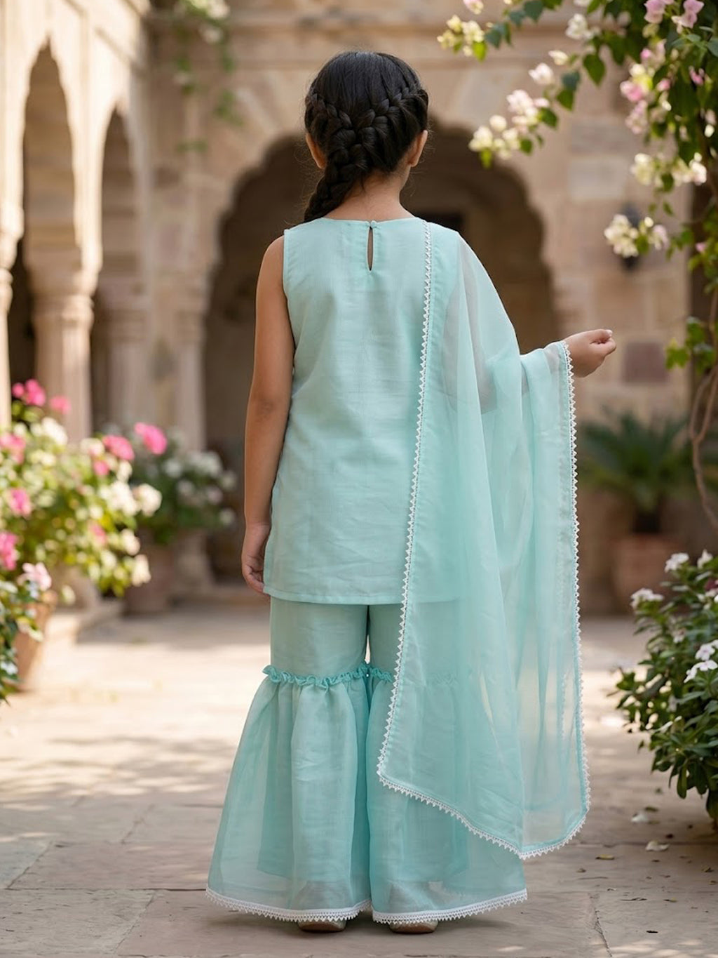 Kinder Kids Sky Embroidered Kurti With Sky Sharara and Dupatta