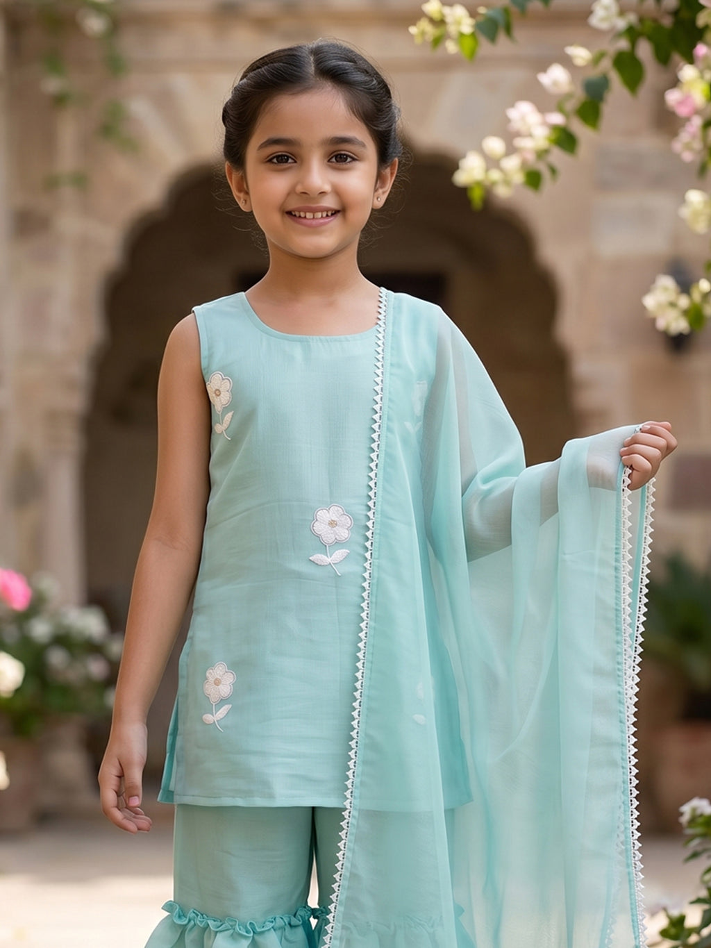 Kinder Kids Sky Embroidered Kurti With Sky Sharara and Dupatta