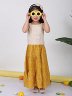 Yellow Floral printed Lehenga with white hakoba top
