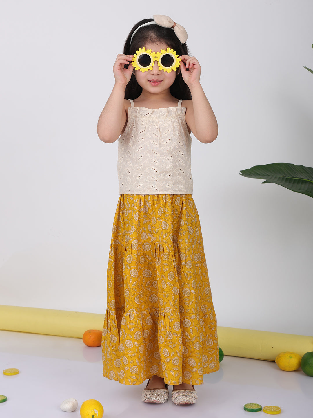 Yellow Floral printed Lehenga with white hakoba top