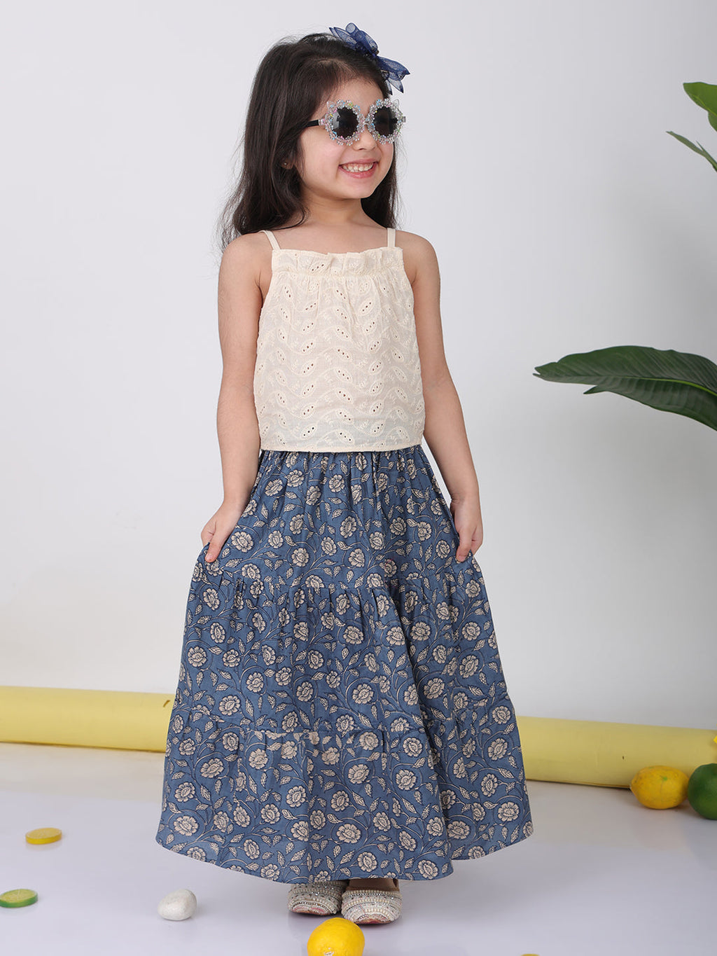 Blue Floral printed Lehenga with white hakoba top