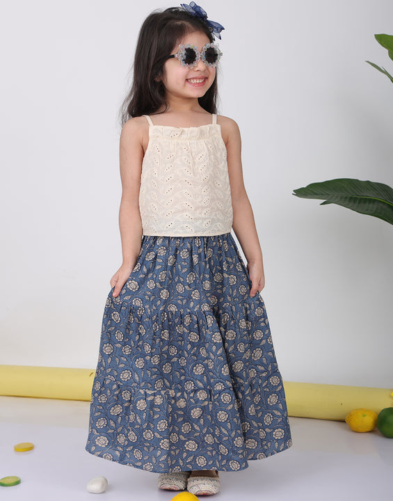 Blue Floral printed Lehenga with white hakoba top