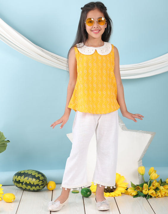 Yellow sleeveless katha Top with white pant