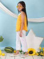 Yellow sleeveless katha Top with white pant