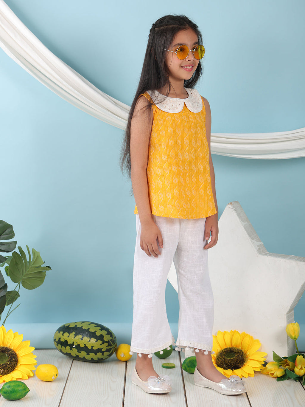 Yellow sleeveless katha Top with white pant
