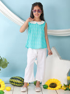 Green sleeveless katha Top with white pant