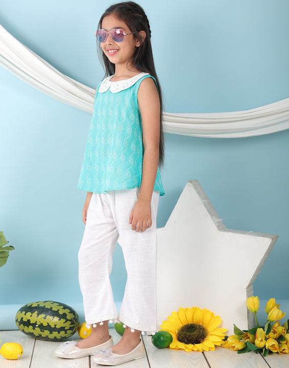 Green sleeveless katha Top with white pant