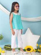 Green sleeveless katha Top with white pant