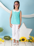 Green sleeveless katha Top with white pant