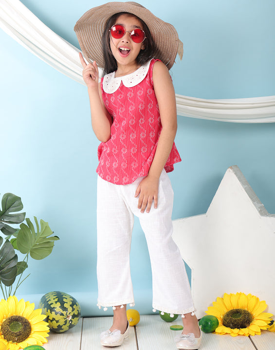 Red sleeveless katha Top with white pant