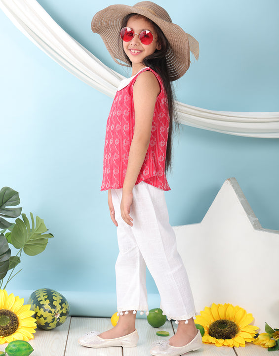 Red sleeveless katha Top with white pant
