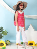 Red sleeveless katha Top with white pant
