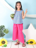 Blue  floral printed  sleeveless Short Kurti with Pink flair pant