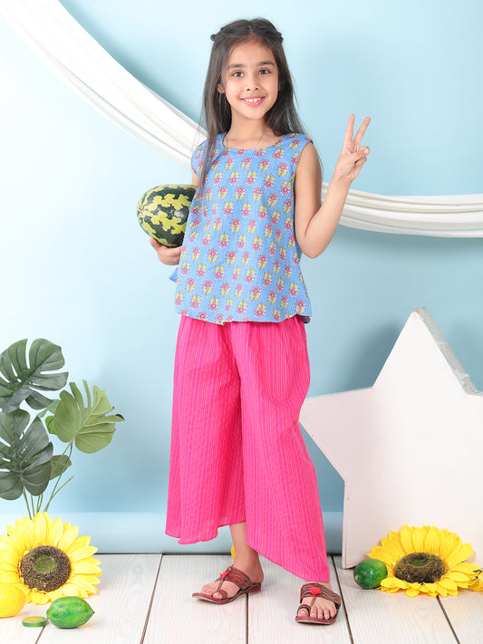 Blue  floral printed  sleeveless Short Kurti with Pink flair pant