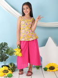 Yellow floral printed  sleeveless Short Kurti with Pink flair pant