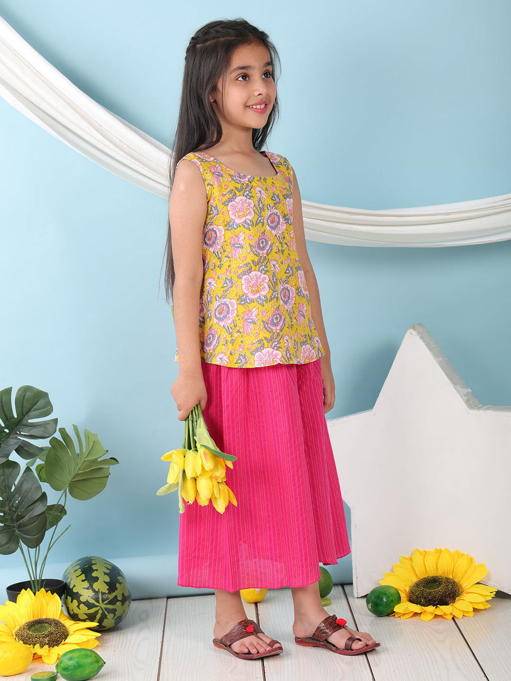 Yellow floral printed  sleeveless Short Kurti with Pink flair pant
