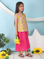 Yellow floral printed  sleeveless Short Kurti with Pink flair pant
