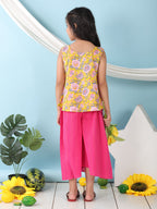 Yellow floral printed  sleeveless Short Kurti with Pink flair pant
