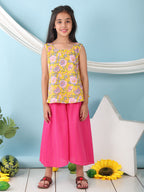 Yellow floral printed  sleeveless Short Kurti with Pink flair pant