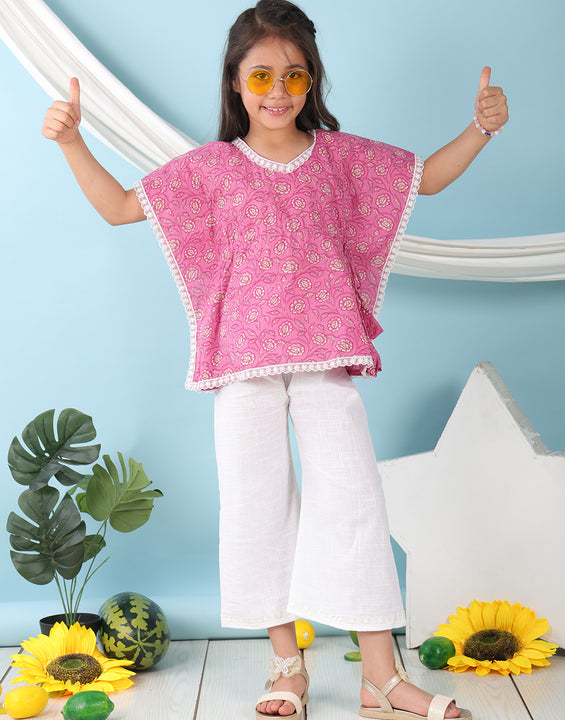 Pink Floral Printed Kaftan paired with white cotton pant