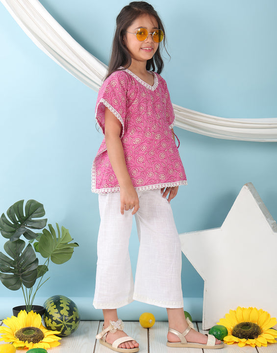 Pink Floral Printed Kaftan paired with white cotton pant