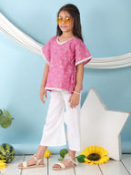 Pink Floral Printed Kaftan paired with white cotton pant