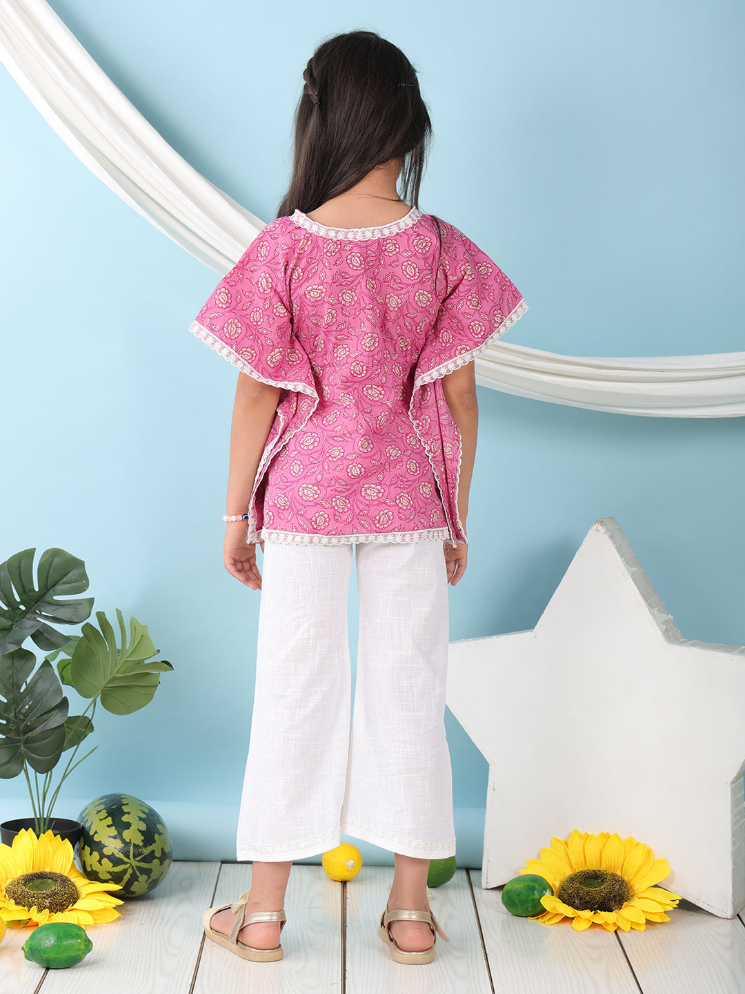 Pink Floral Printed Kaftan paired with white cotton pant
