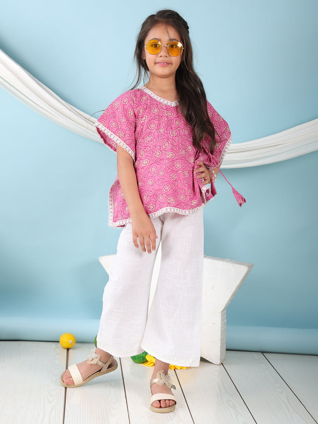 Pink Floral Printed Kaftan paired with white cotton pant