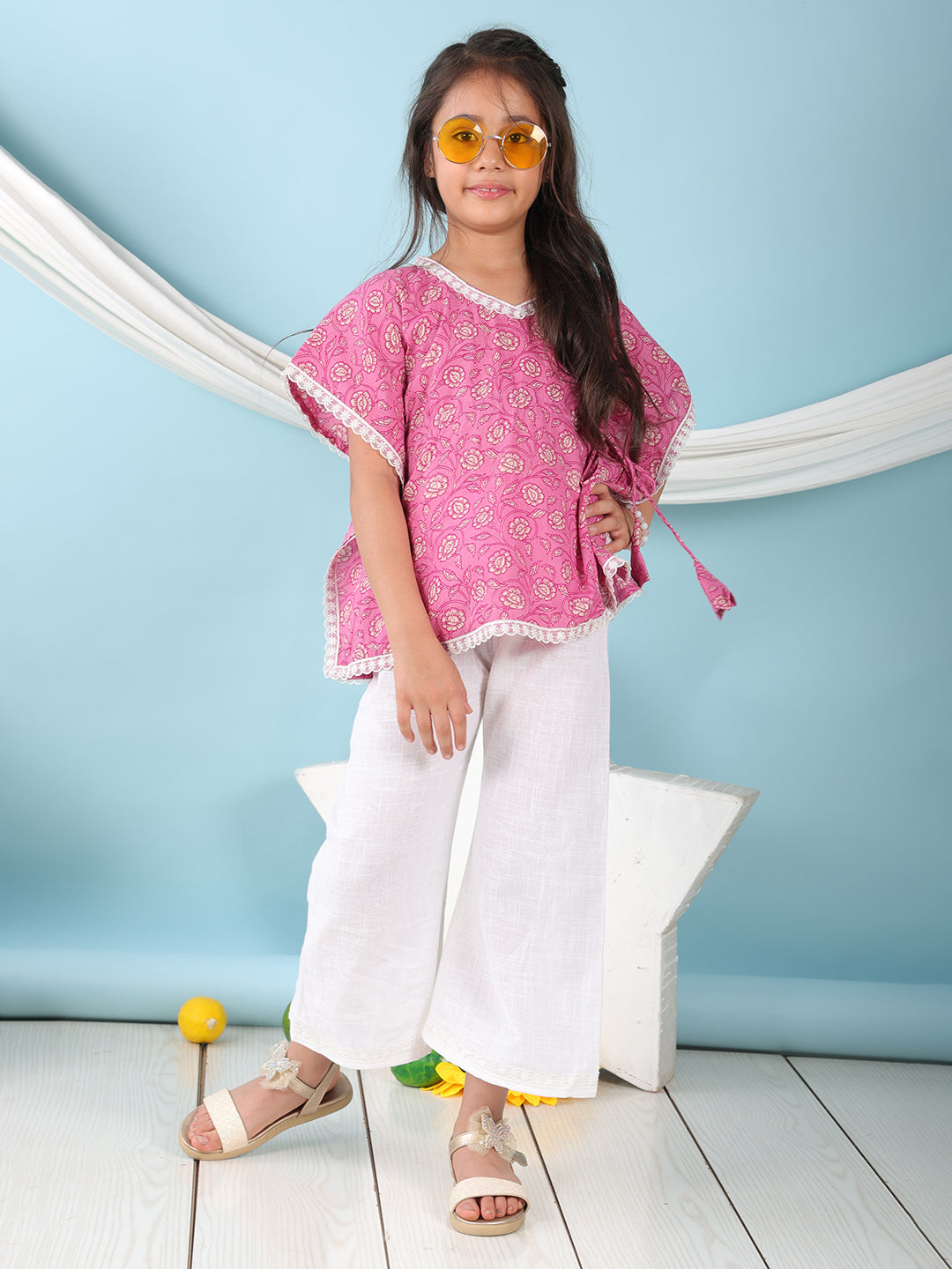 Pink Floral Printed Kaftan paired with white cotton pant