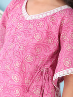 Pink Floral Printed Kaftan paired with white cotton pant