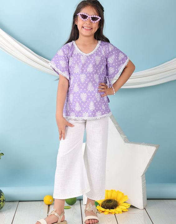 Purple Floral Printed Kaftan paired with white cotton pant