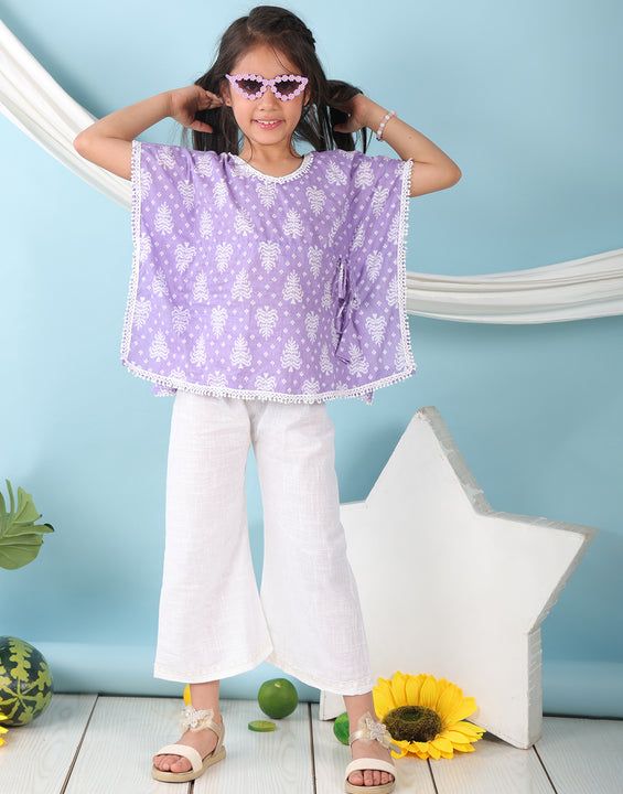 Purple Floral Printed Kaftan paired with white cotton pant