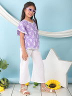 Purple Floral Printed Kaftan paired with white cotton pant
