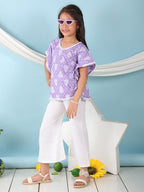 Purple Floral Printed Kaftan paired with white cotton pant