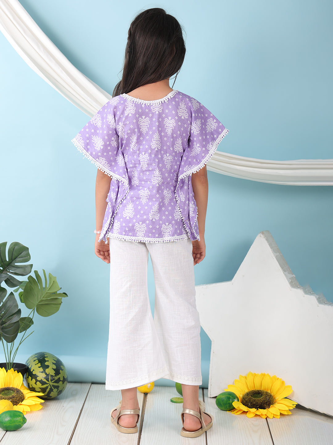 Purple Floral Printed Kaftan paired with white cotton pant