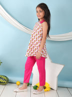 White floral sleeveless tie on Kurti with Pink Pant