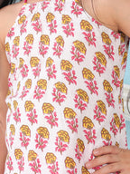 White floral sleeveless tie on Kurti with Pink Pant