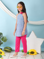 Blue floral sleeveless tie on Kurti with Pink Pant