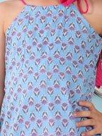 Blue floral sleeveless tie on Kurti with Pink Pant