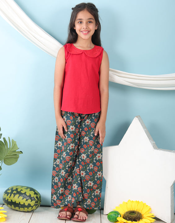 Red collared  sleeveless Top with Blue Printed Pant