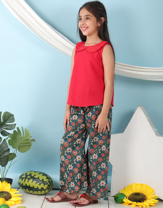 Red collared  sleeveless Top with Blue Printed Pant