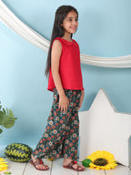 Red collared  sleeveless Top with Blue Printed Pant
