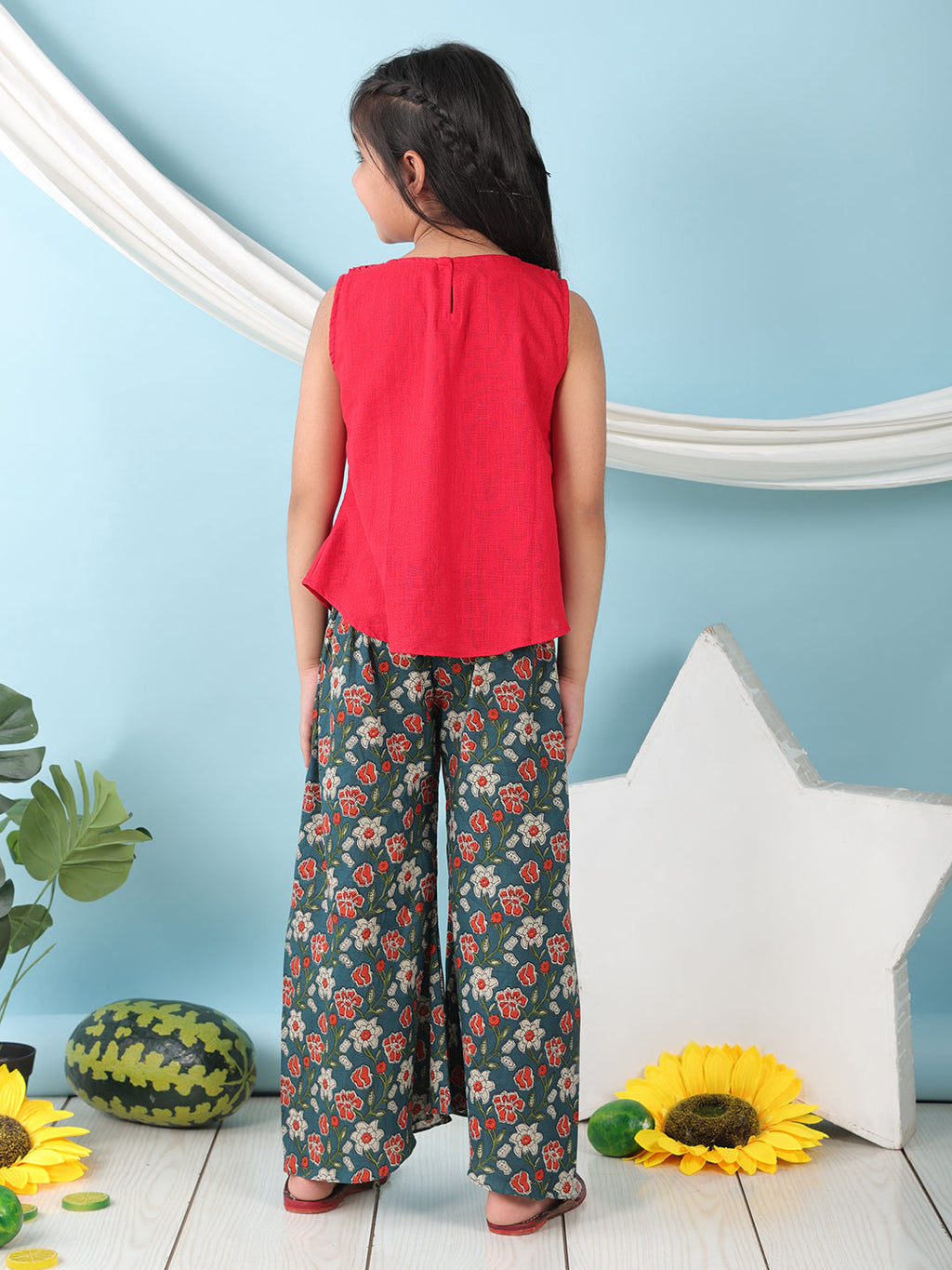 Red collared  sleeveless Top with Blue Printed Pant